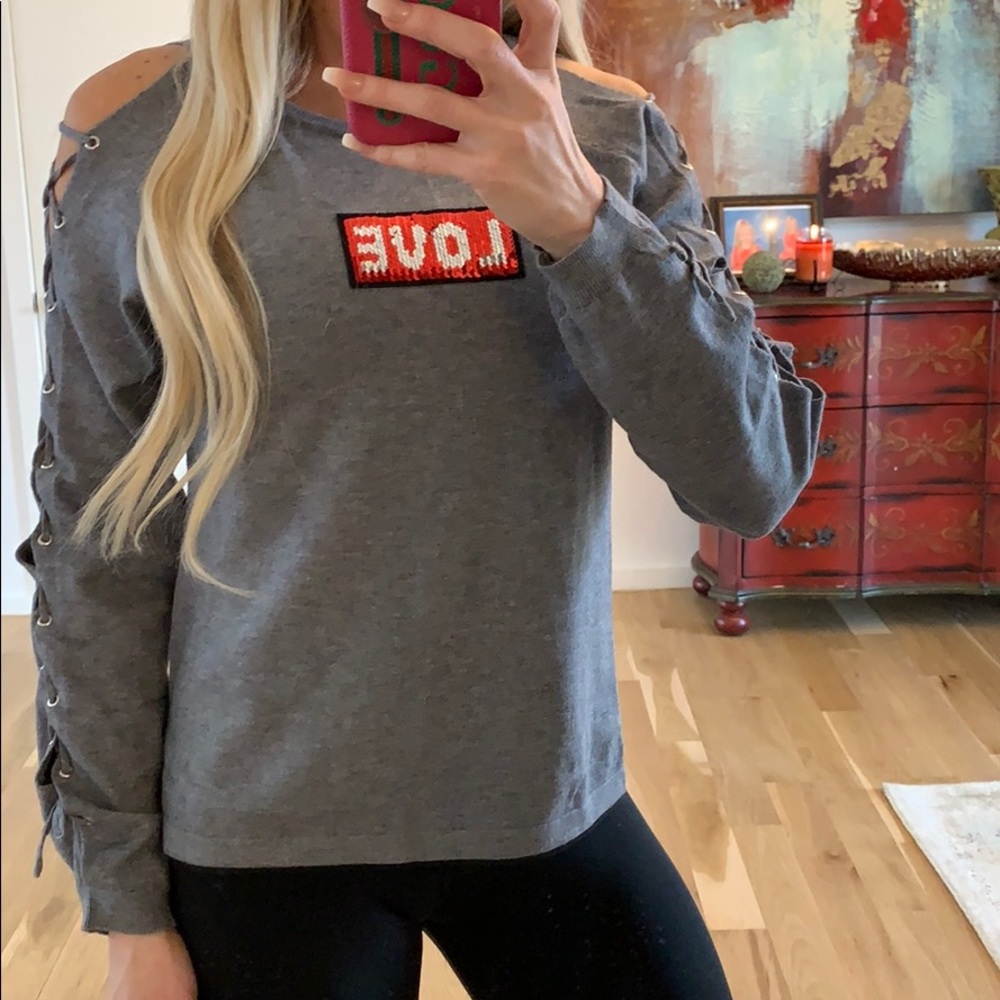 Lace-Up Sleeve Love Patch Sweater - Picture 3 of 8